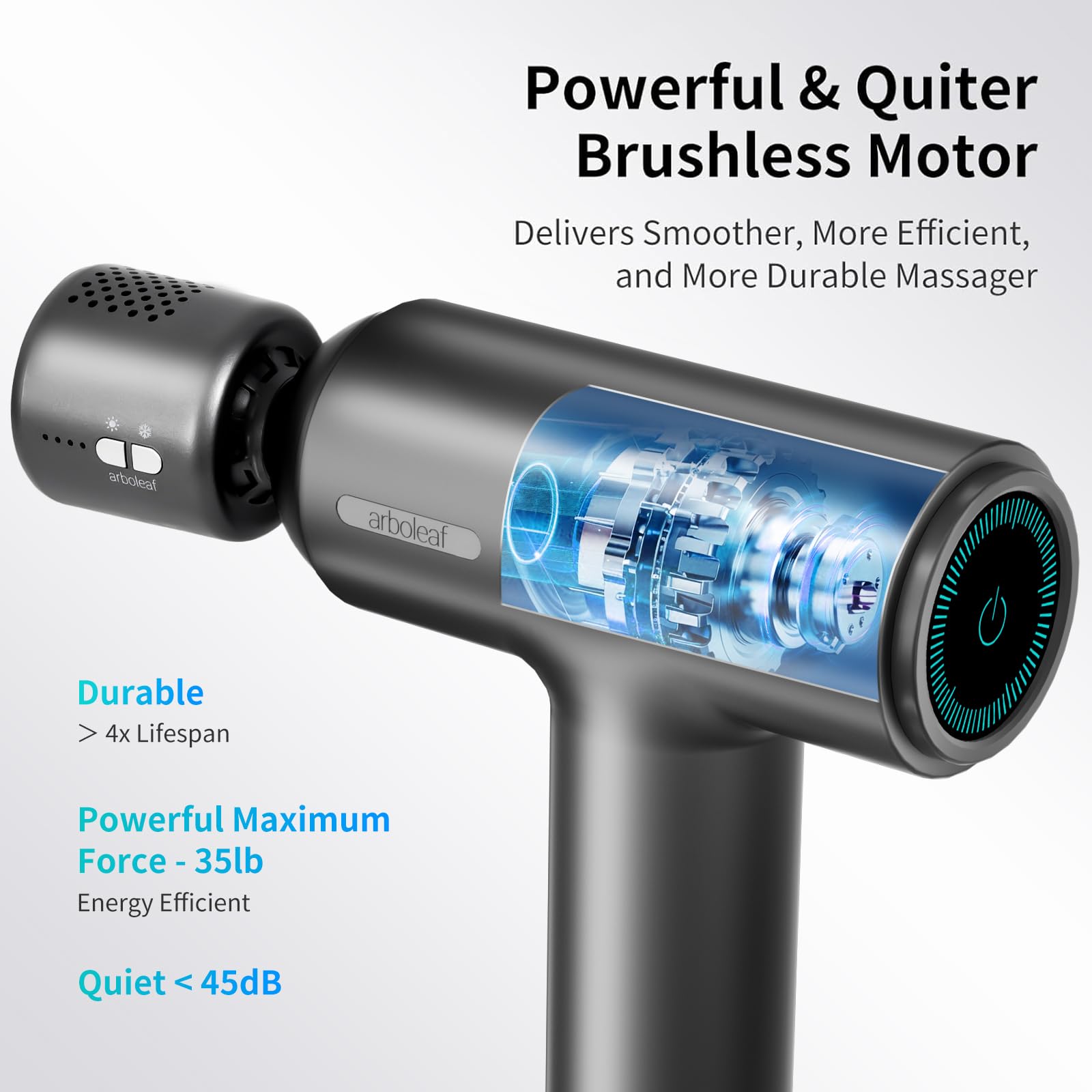 Arboleaf Thermacool massage gun with five interchangeable heads for targeted relief
