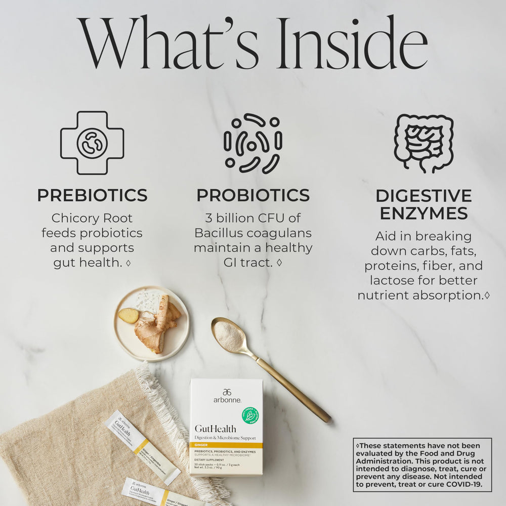 Arbonne Gut Health Drink Mix package showcases plant-based formula and clean ingredients.