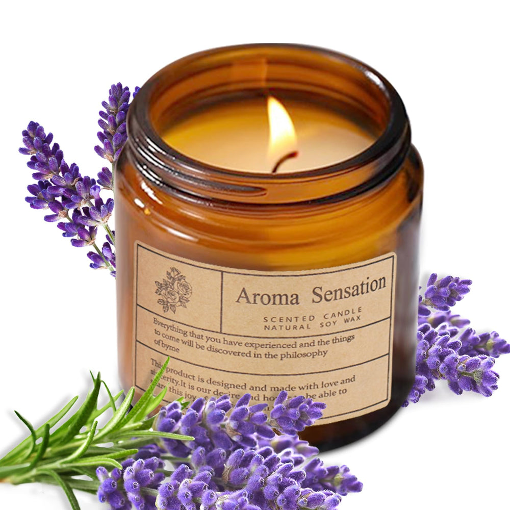 ARCASA Lavender candle jar closeup highlighting clean burn and natural soy wax.