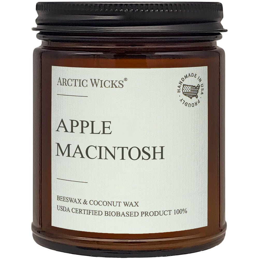 Arctic Wicks Apple Macintosh candle front view with a clean, cozy autumn ambiance.