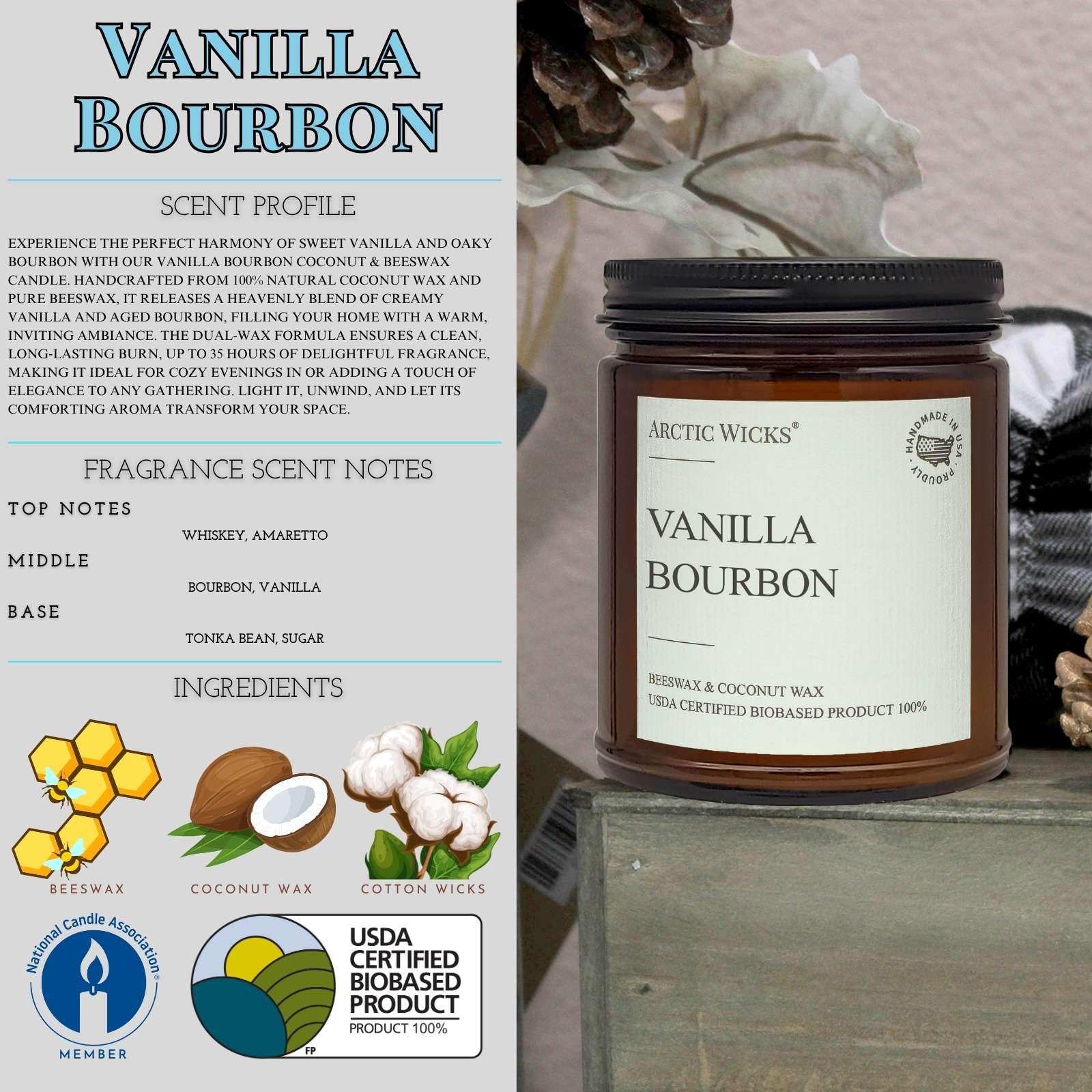 Arctic Wicks Vanilla Bourbon candle lit, creating warm and inviting ambiance