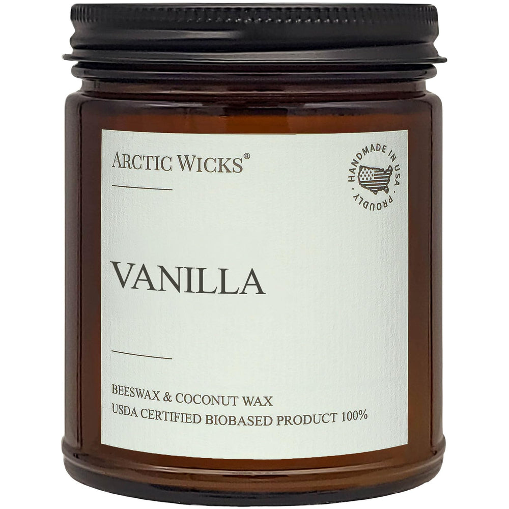 Arctic Wicks vanilla candle in amber jar offers clean, long-lasting aroma.
