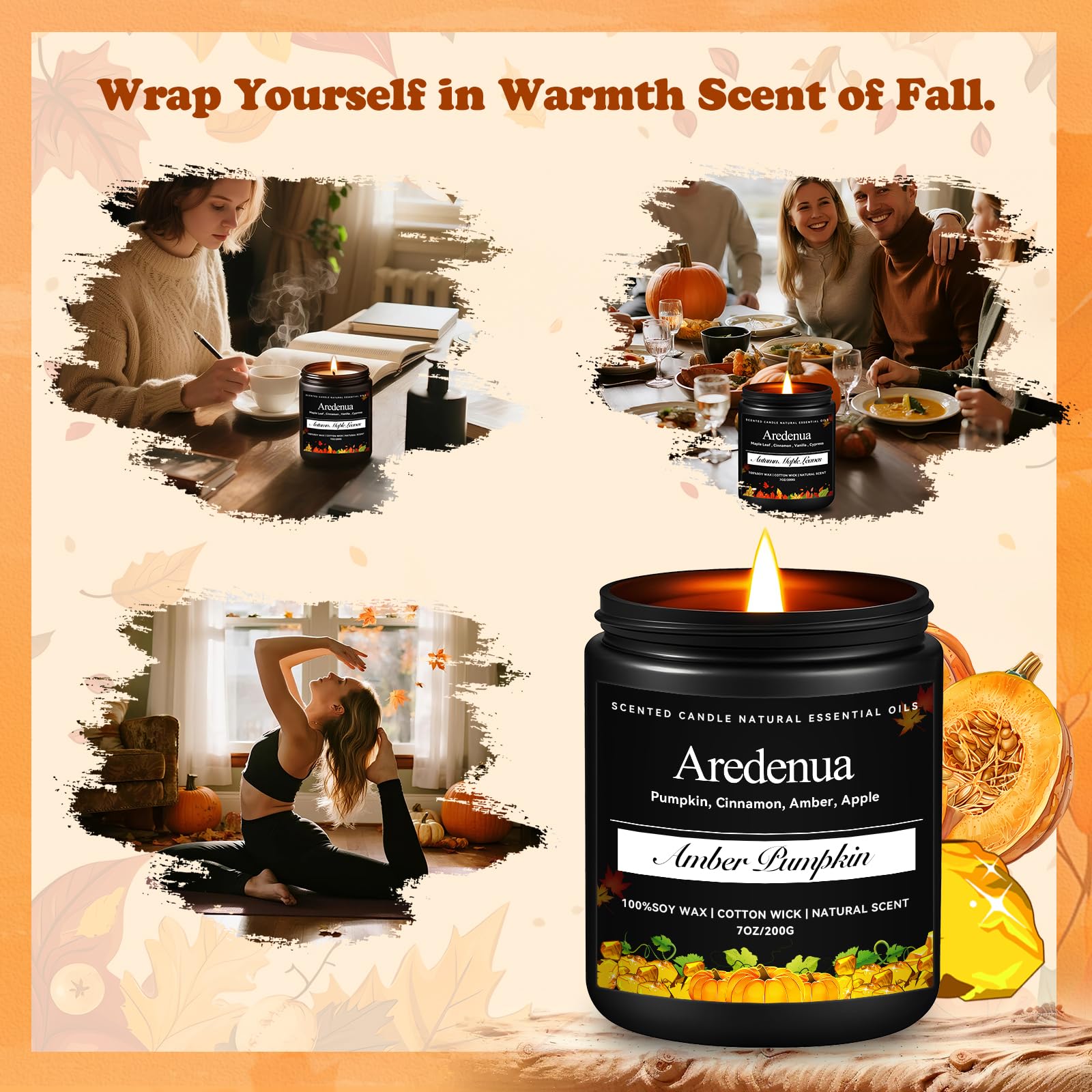 Aredenua Amber Pumpkin Candle winter decor on mantle creates festive ambiance