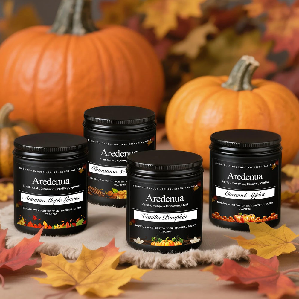 Aredenua Vanilla Pumpkin Candle in a black jar enhances Christmas decor.