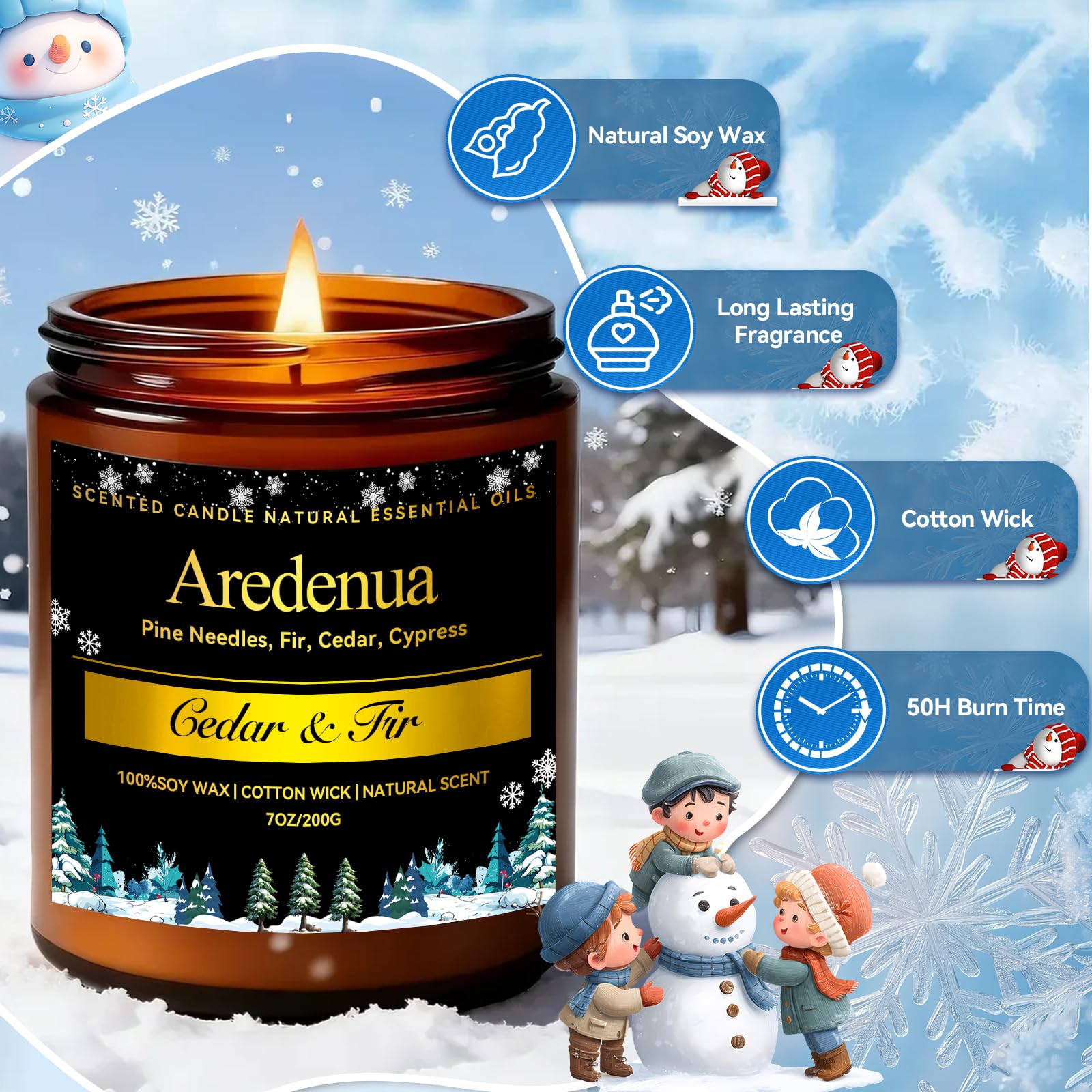 Aredenua Winter Candle glass jar on table blends with holiday decor.