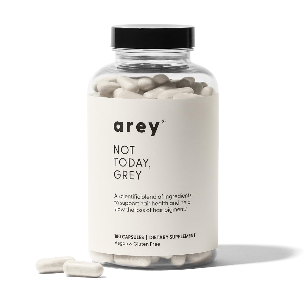 Arey Not Today grey hair supplement bottle on shelf for daily use to support hair vitality.