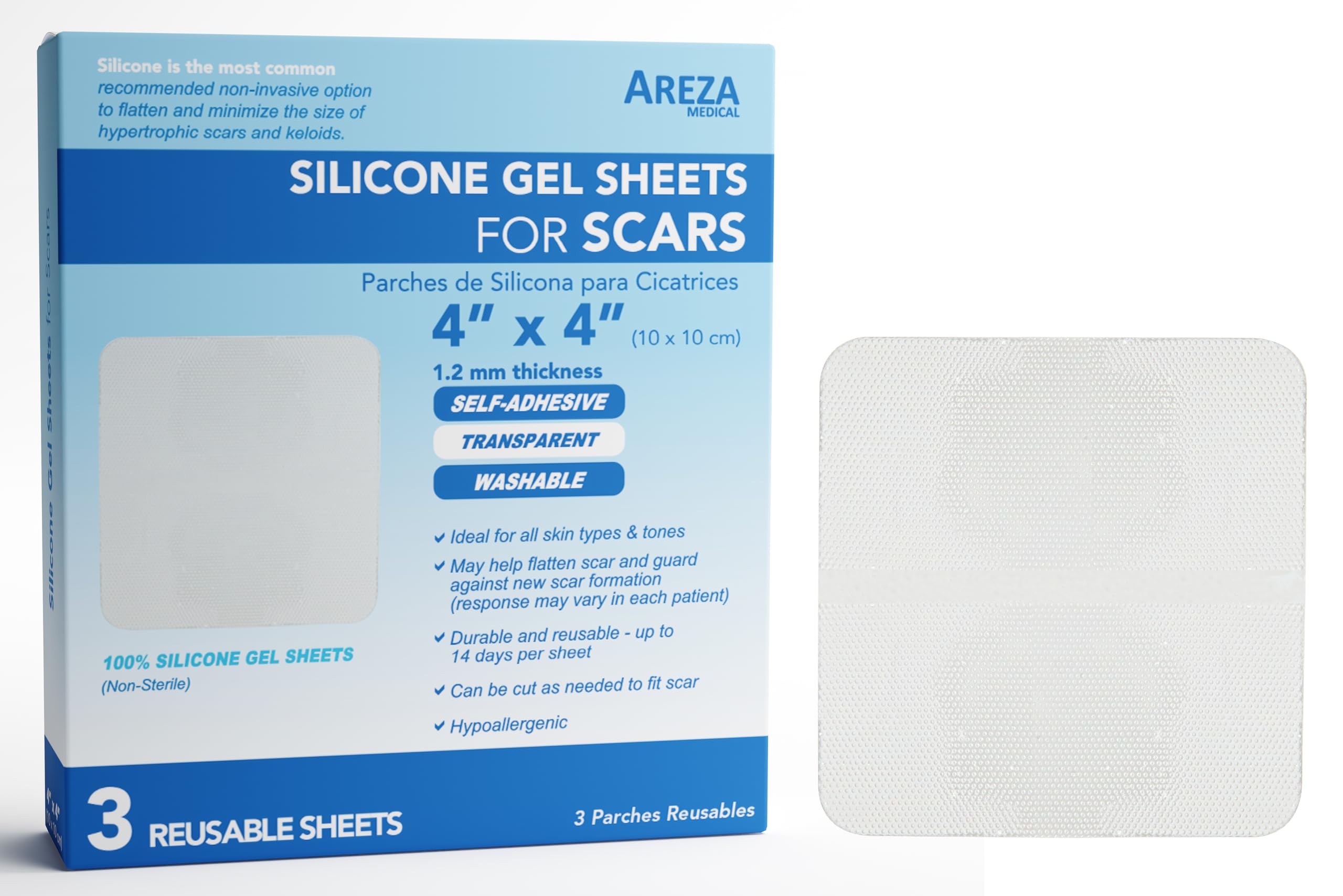 Areza Medical gel de silicona para cicatriz 4x4, tres hojas por caja, uso cómodo
