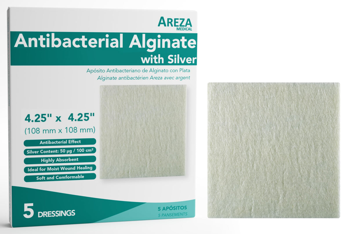 Areza Medical packaging for silver calcium alginate dressing showing sterile, ready-to-use wound care