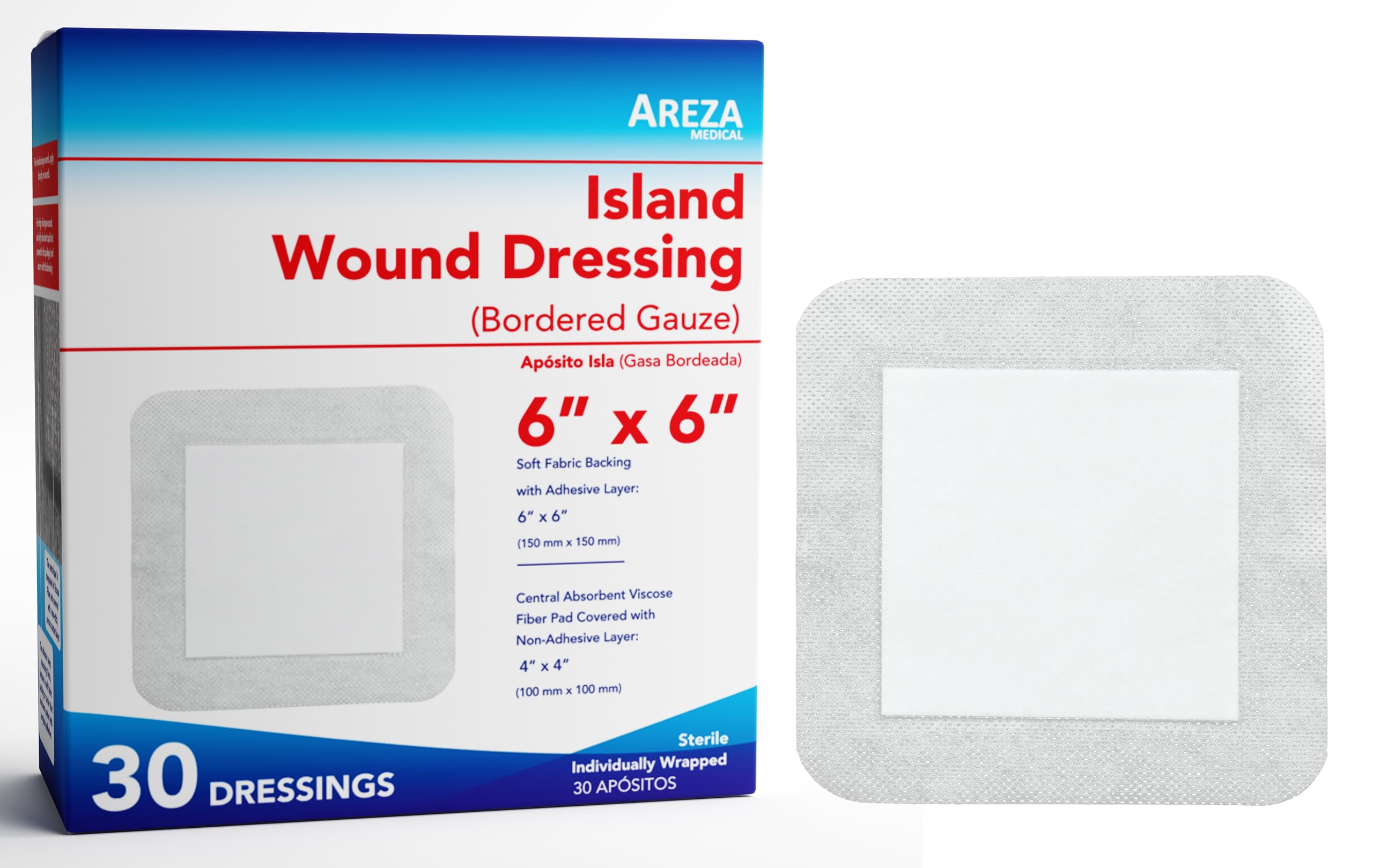 Areza Medical bordered gauze island dressing 6x6 sterile on wound site for secure protection.