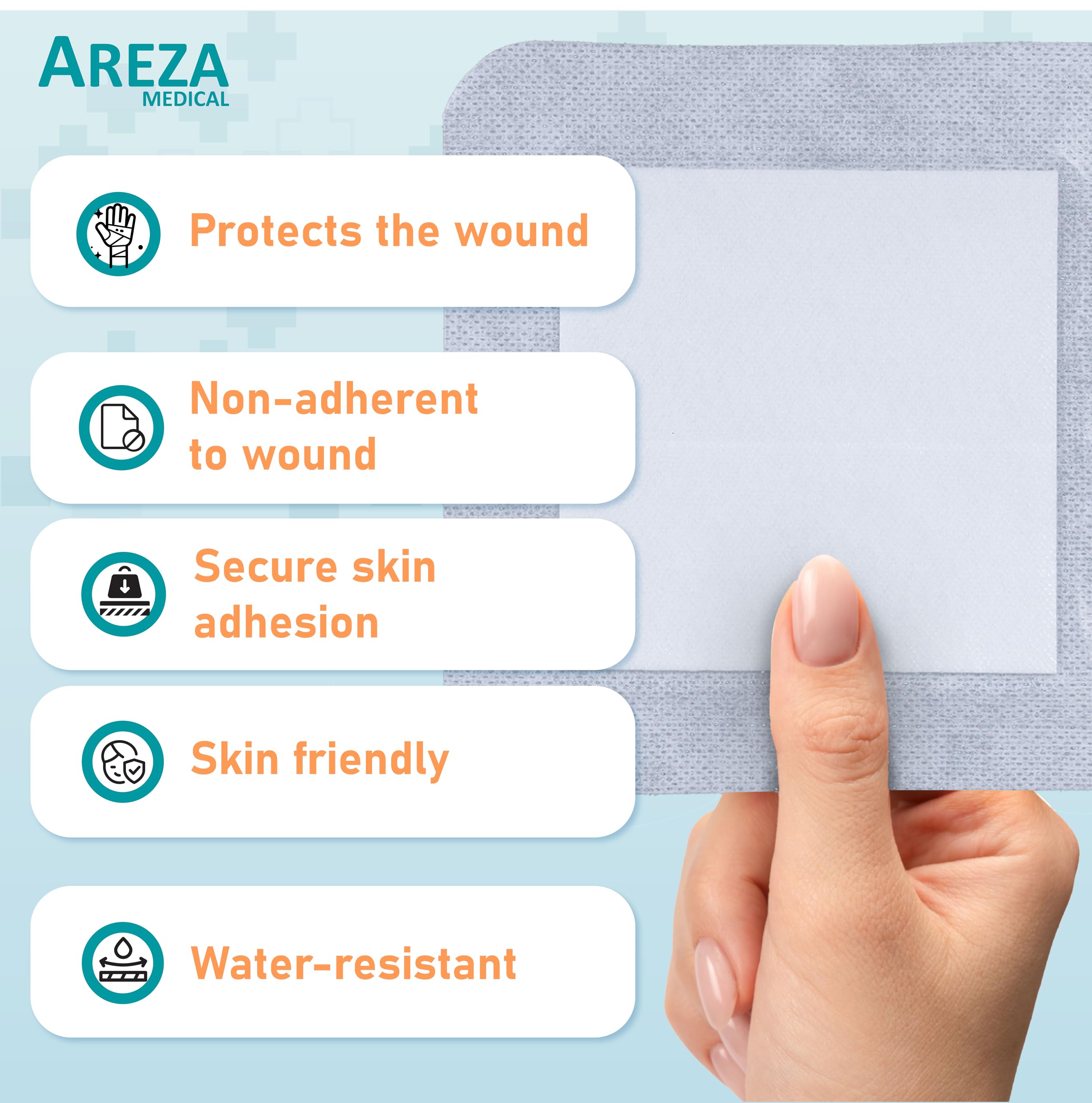 Areza Medical gauze island dressing with adhesive border supports skin around wounds.