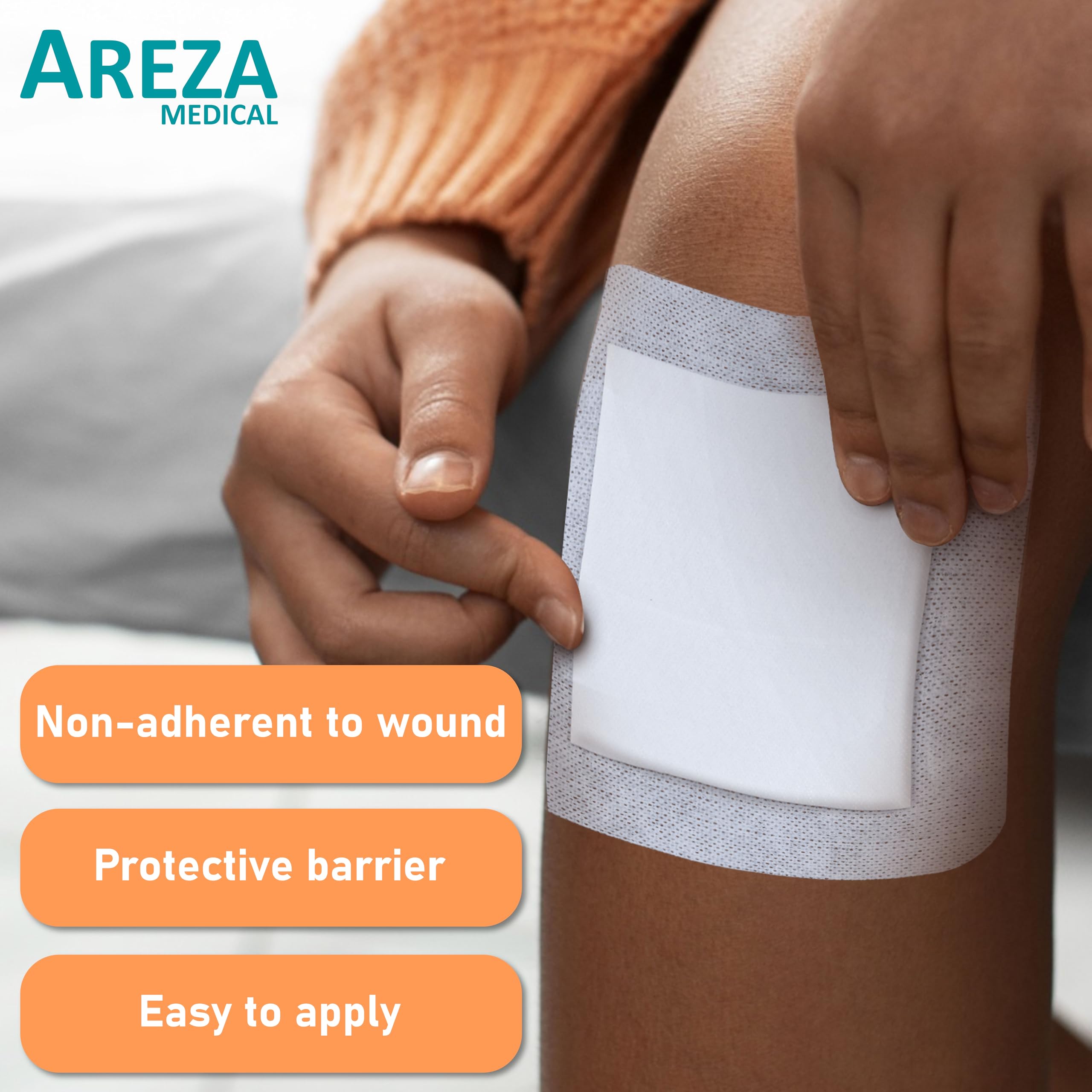 Areza Medical non-adherent central pad provides gentle contact with wound bed.