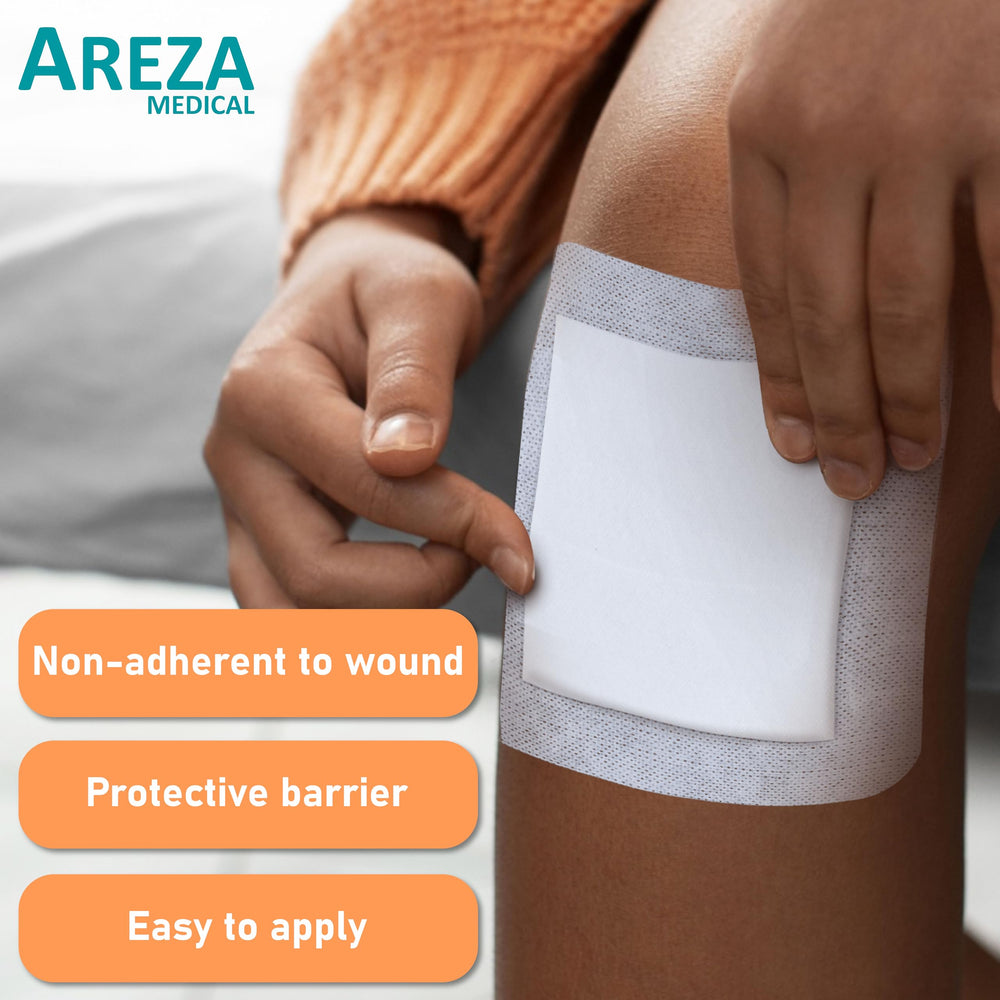 Areza Medical non-adherent central pad provides gentle contact with wound bed.