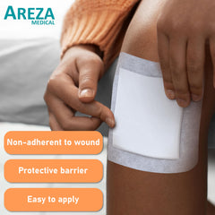 Areza Medical non-adherent central pad provides gentle contact with wound bed.