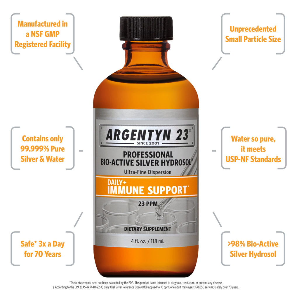 Argentyn 23 label close-up highlighting 23ppm bio-active silver ions for purity.