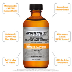 Argentyn 23 label close-up highlighting 23ppm bio-active silver ions for purity.