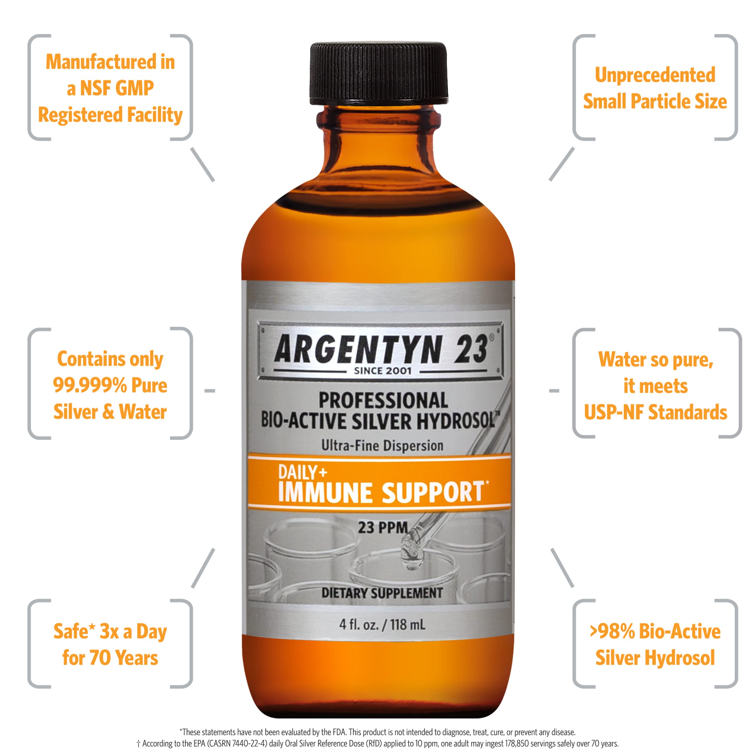 Argentyn 23 bottle label and packaging highlights purity and specs