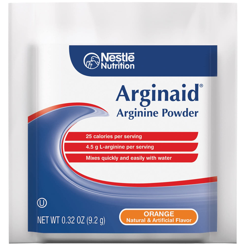 Arginaid orange drink mix dissolving in water for quick nourishment.