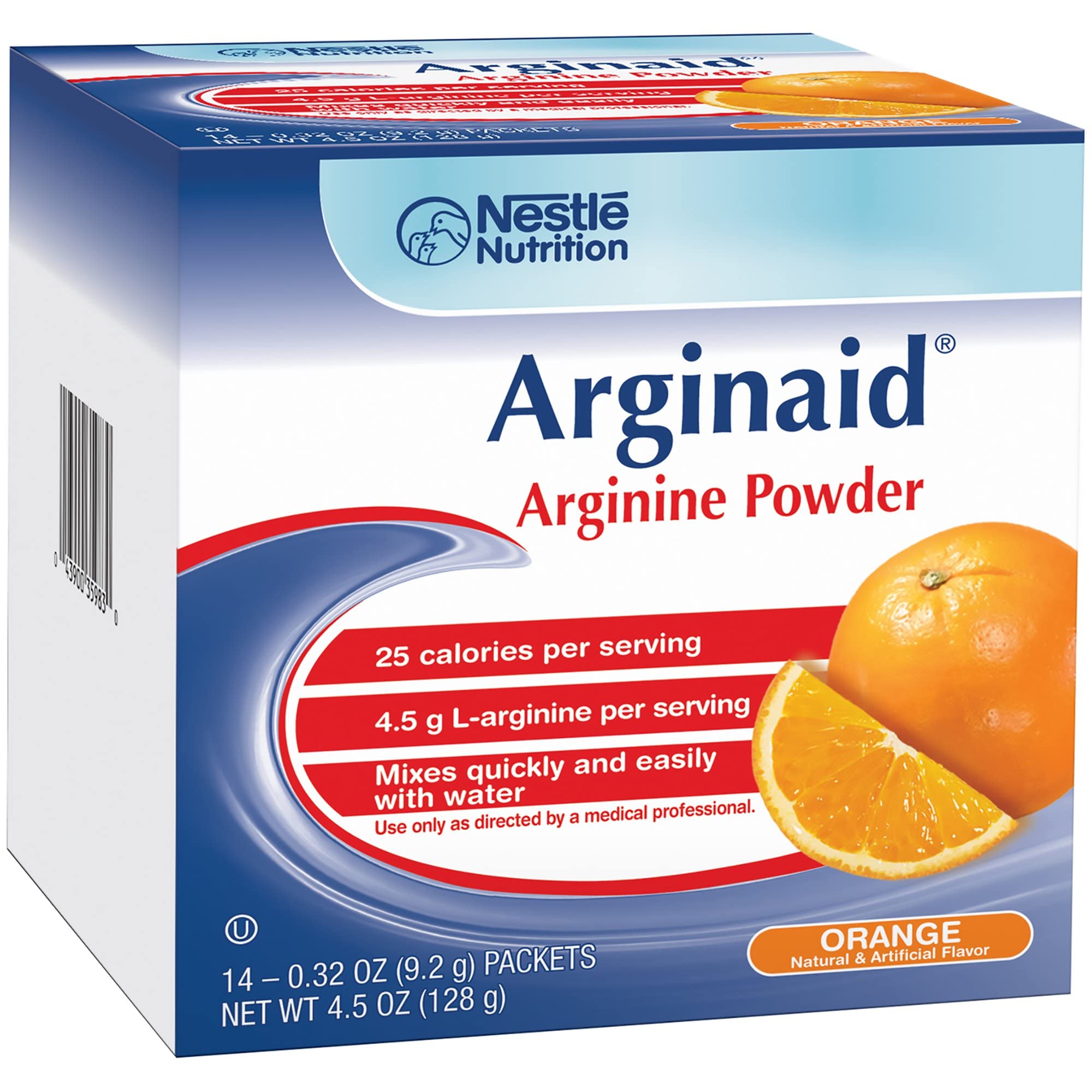 Arginaid orange drink mix packet front, convenient single-serve on-the-go.
