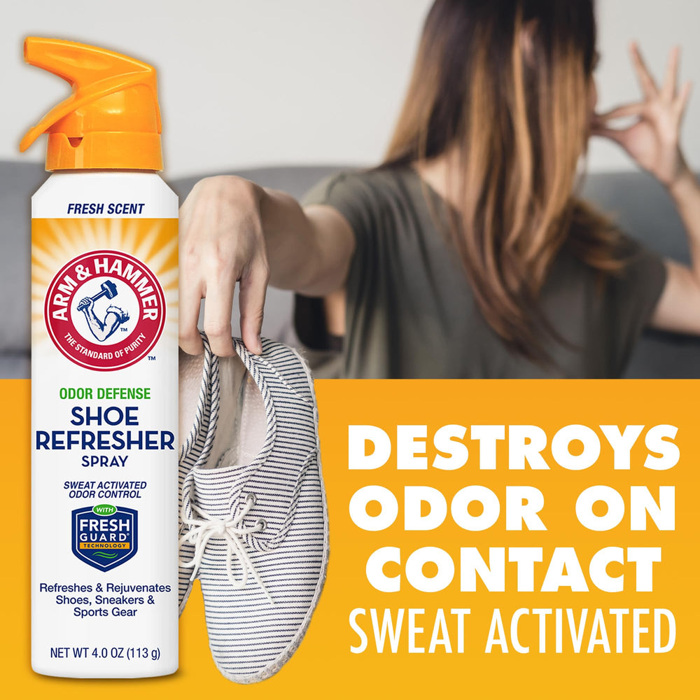 Arm & Hammer Shoe Refresher Spray on heels refreshes footwear scent.
