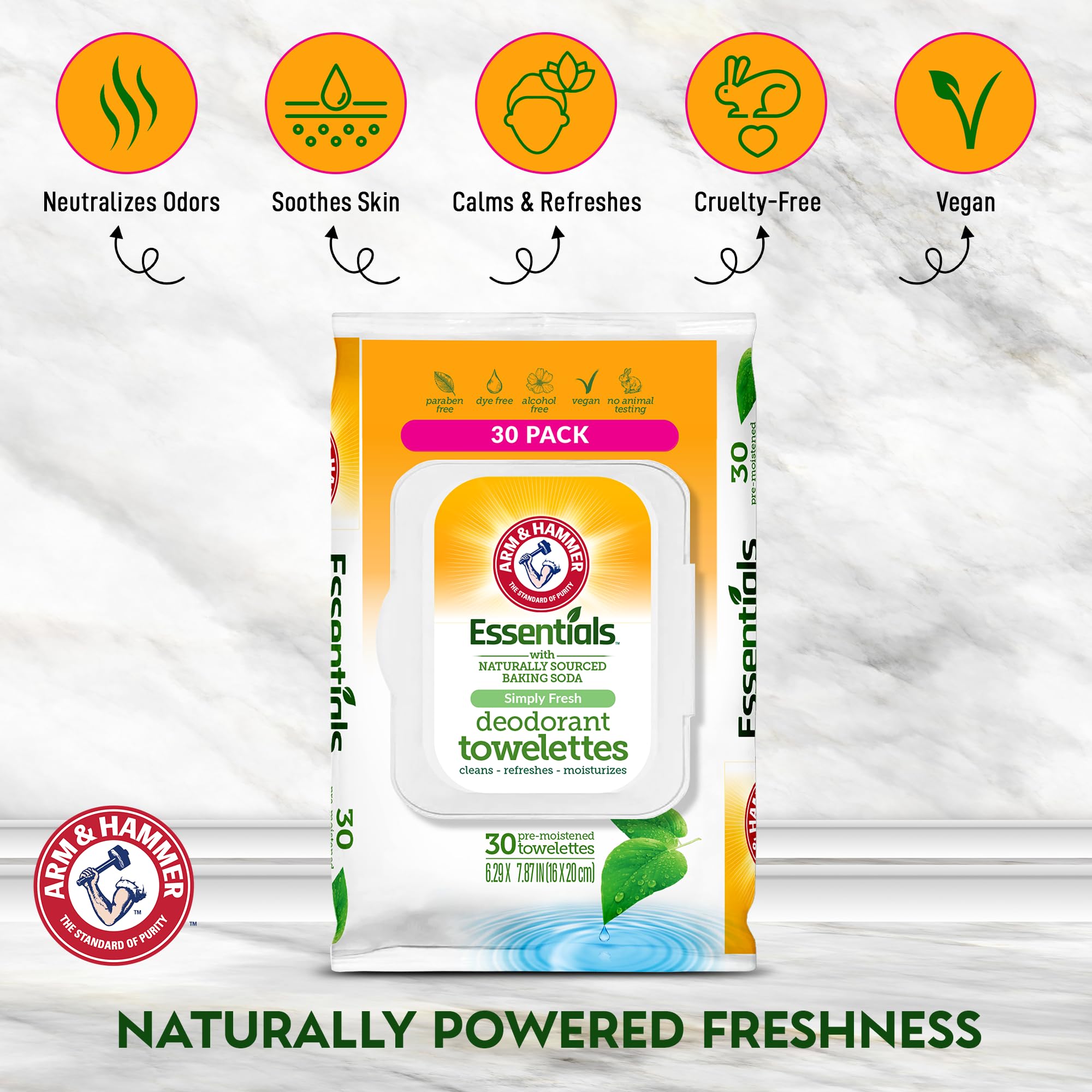 Arm & Hammer Simply Fresh body wipes travel pack for on-the-go cleansing.
