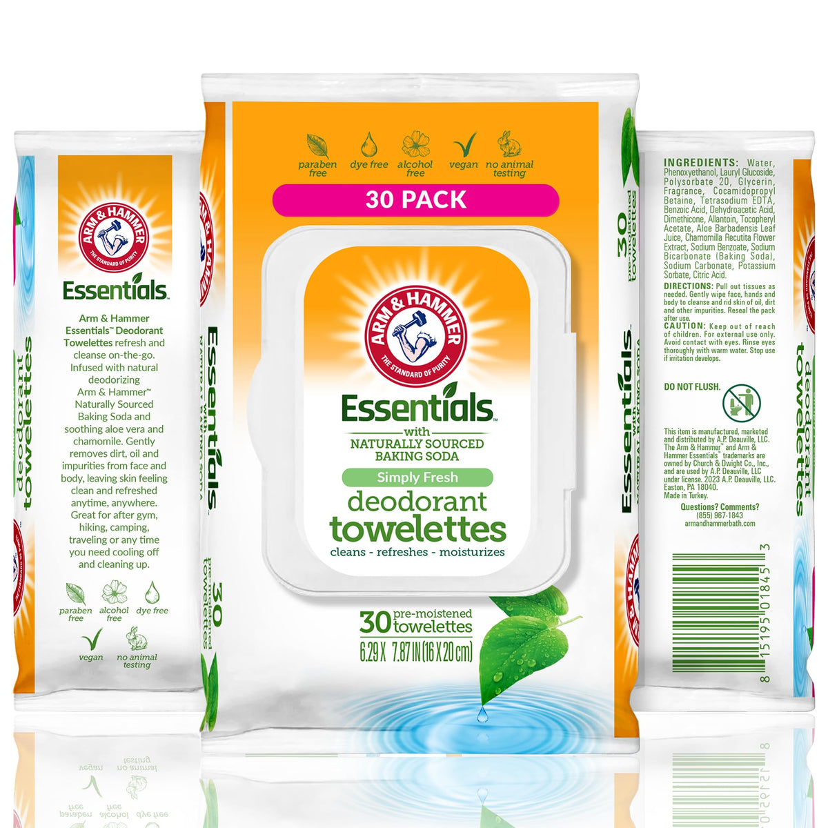 Arm & Hammer Simply Fresh face wipes pack front for quick no-rinse cleansing.