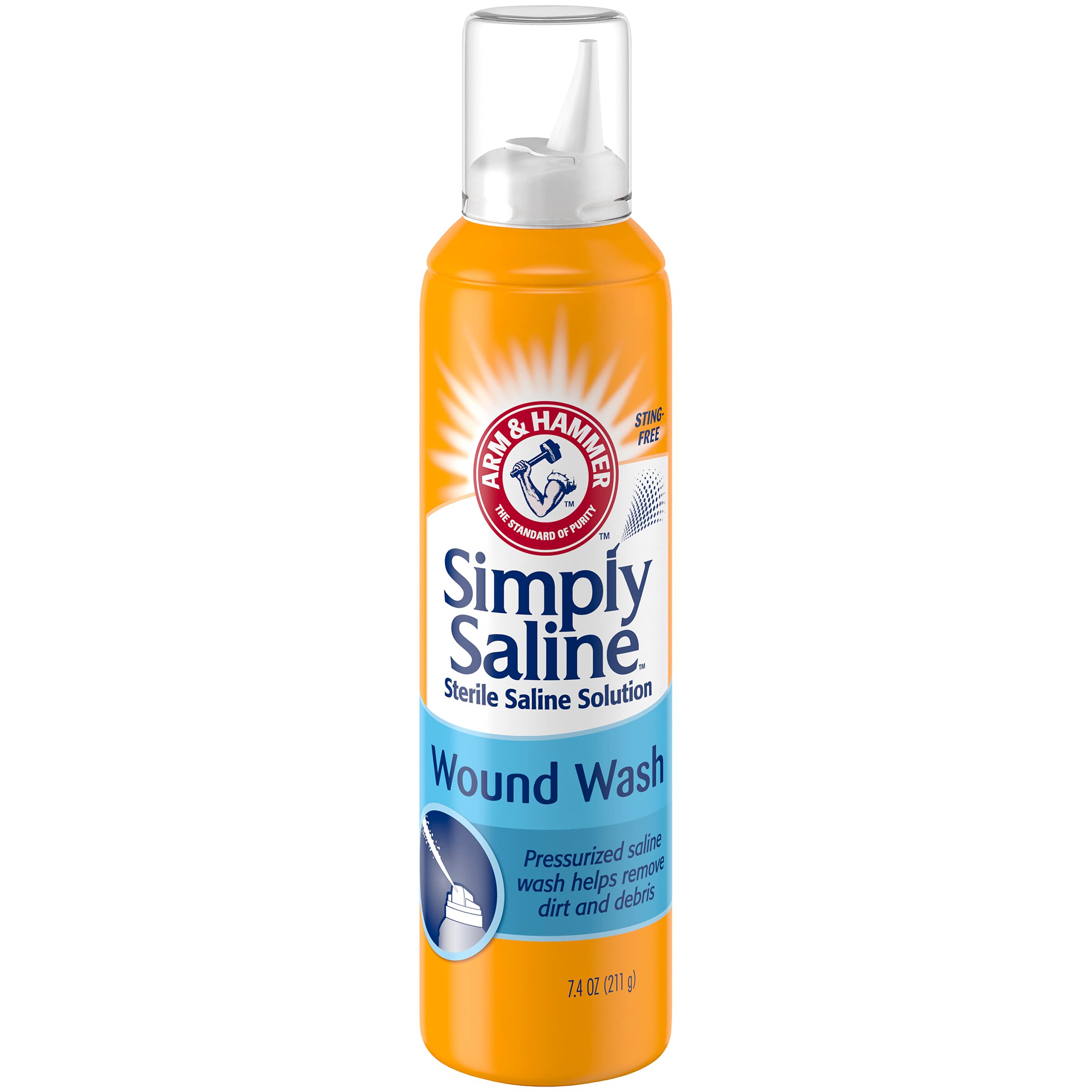 Arm & Hammer Simply Saline Wound Wash bottle upside-down spray feature showcased