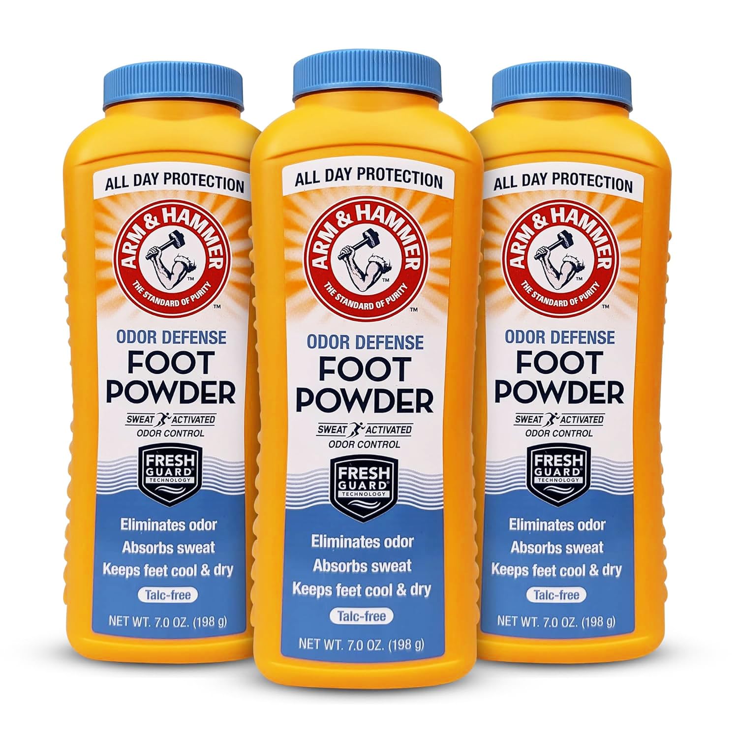 Arm & Hammer Foot Powder 7oz bottle cap for mess-free odor and moisture control.