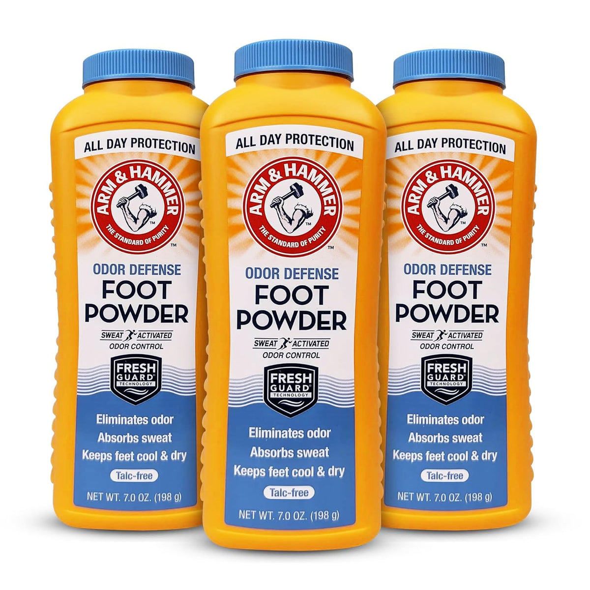 Arm & Hammer Foot Powder 7oz bottle cap for mess-free odor and moisture control.
