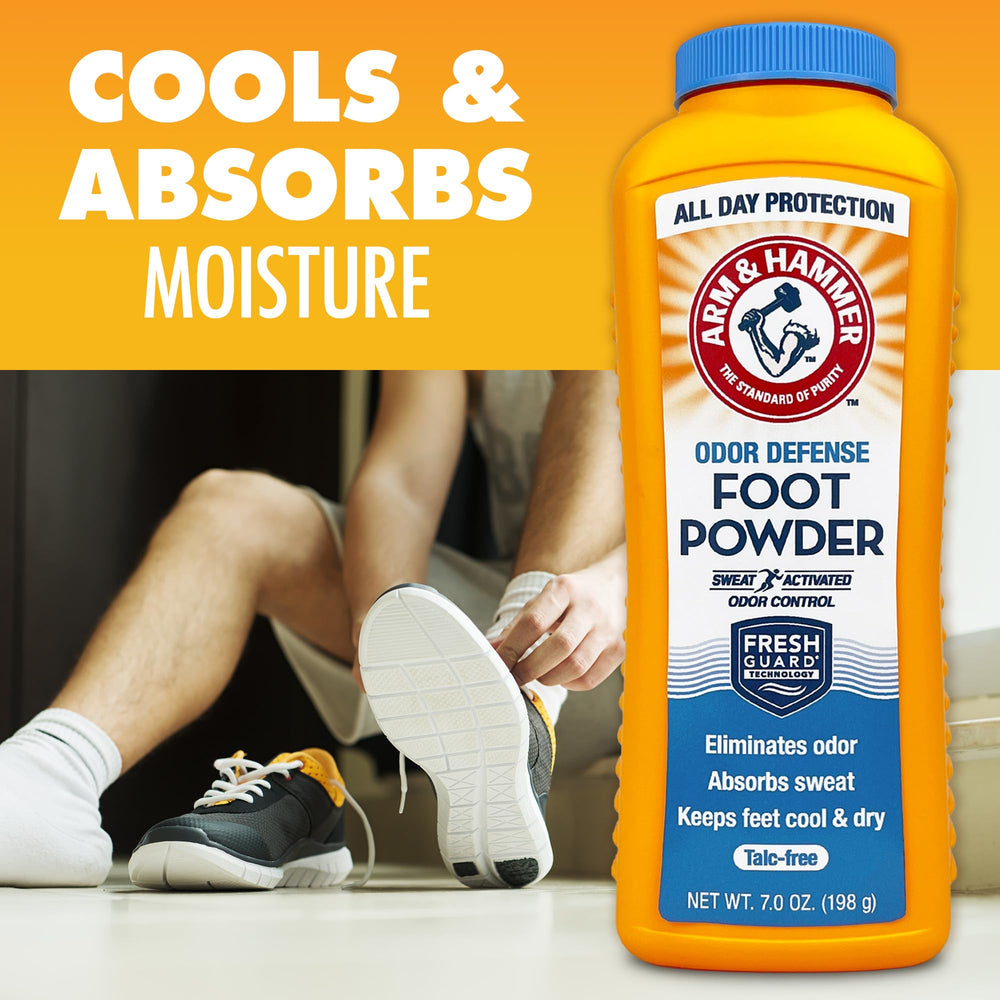 Arm & Hammer Foot Powder dispensing cap demonstrated for quick use.