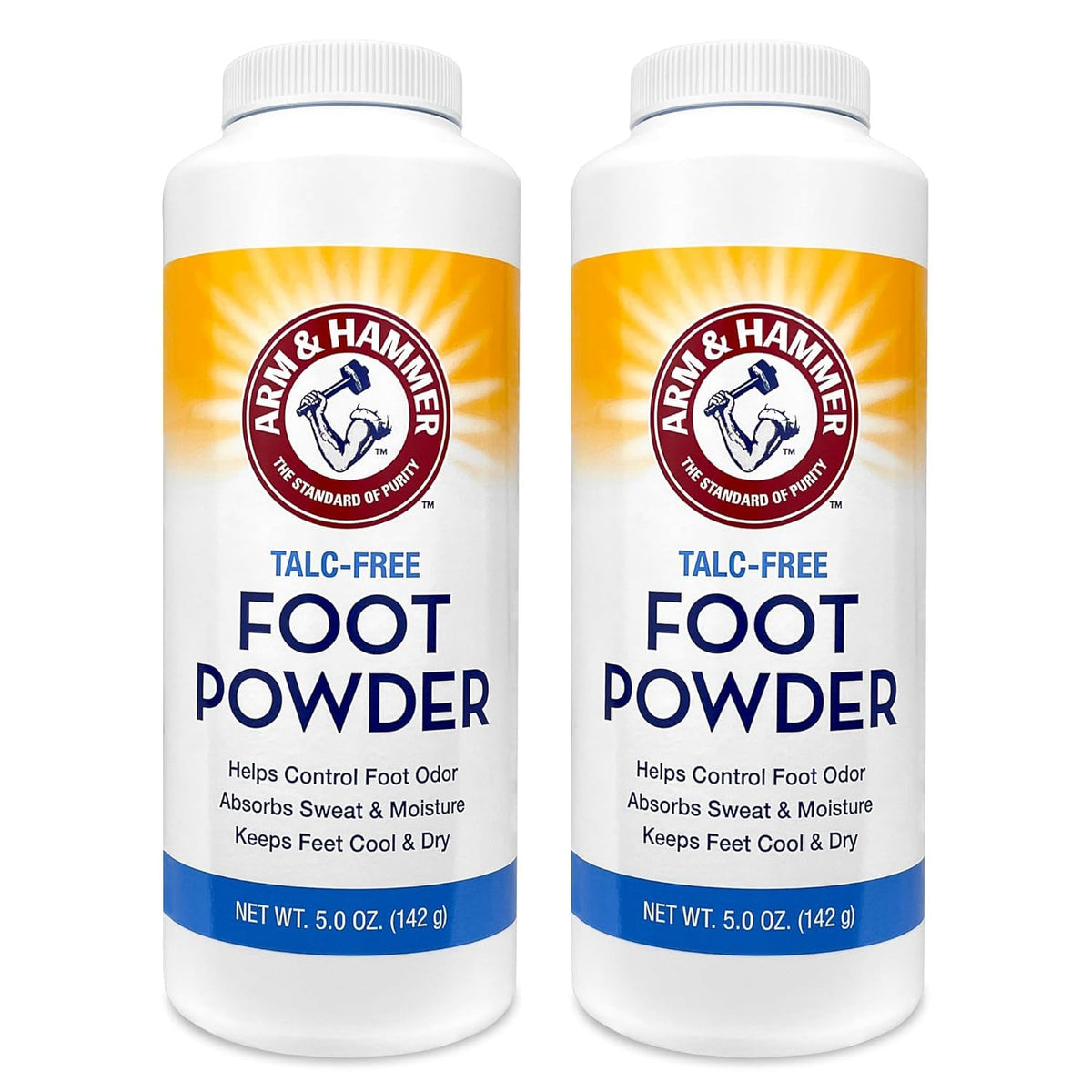 Arm & Hammer polvo para pies sin talco, empaque de dos frascos para uso diario.