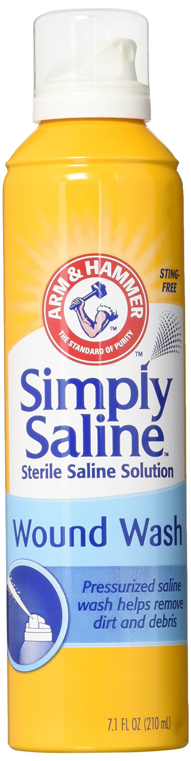 Arm & Hammer Simply Saline Wound Wash bottle pour shows gentle cleansing action