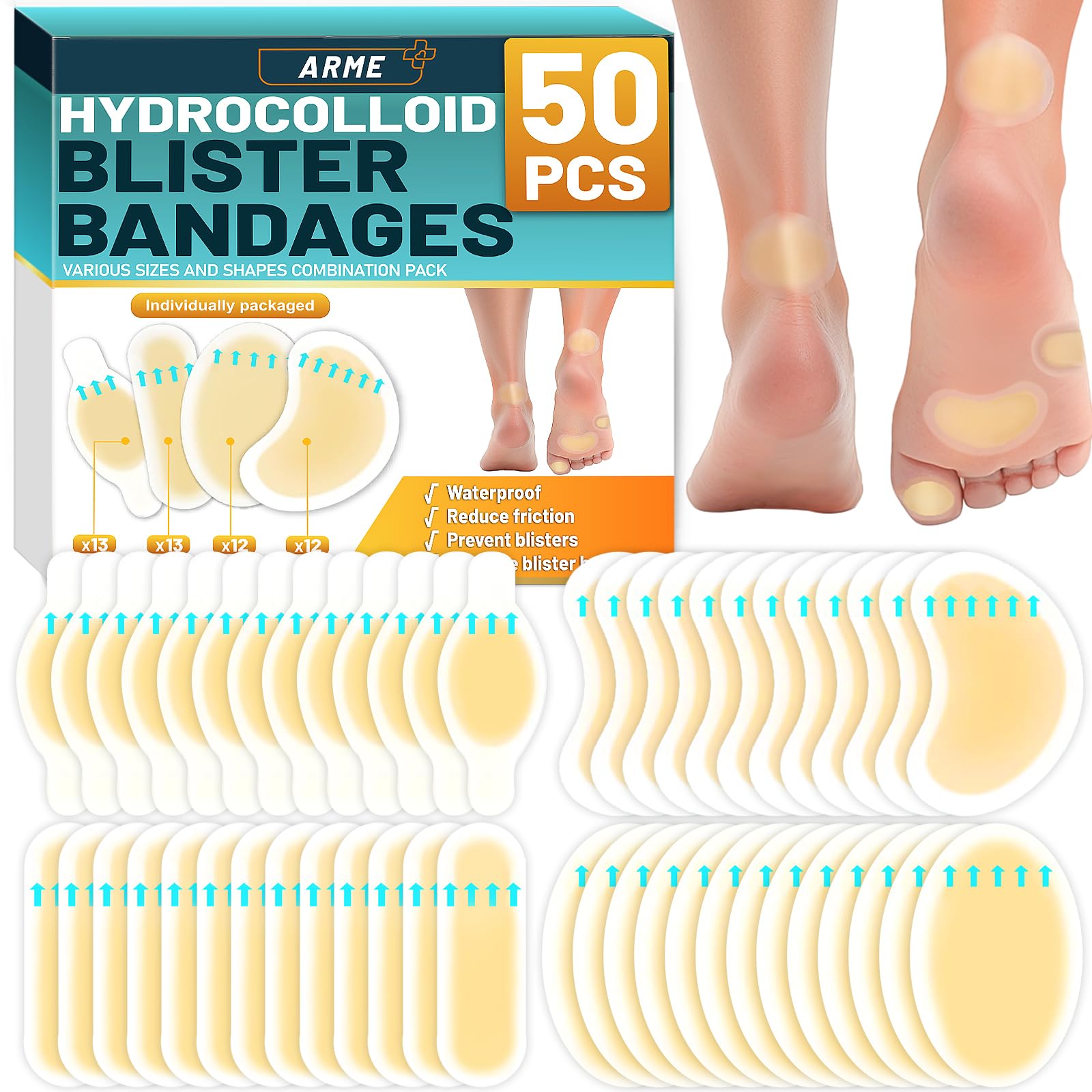Arme bandas hidrocoloides con tiras elongadas protegen la puntera.