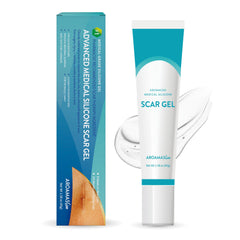 Aroamas Scar Gel bottle closeup highlighting silicone barrier for scar care
