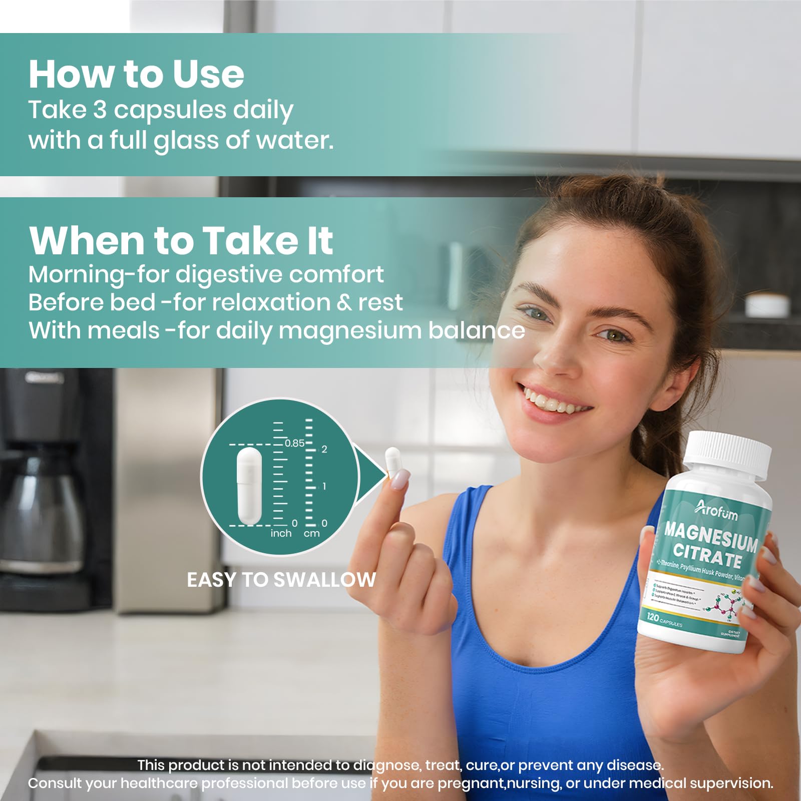 Digestive balance concept with Arofum capsules and water.