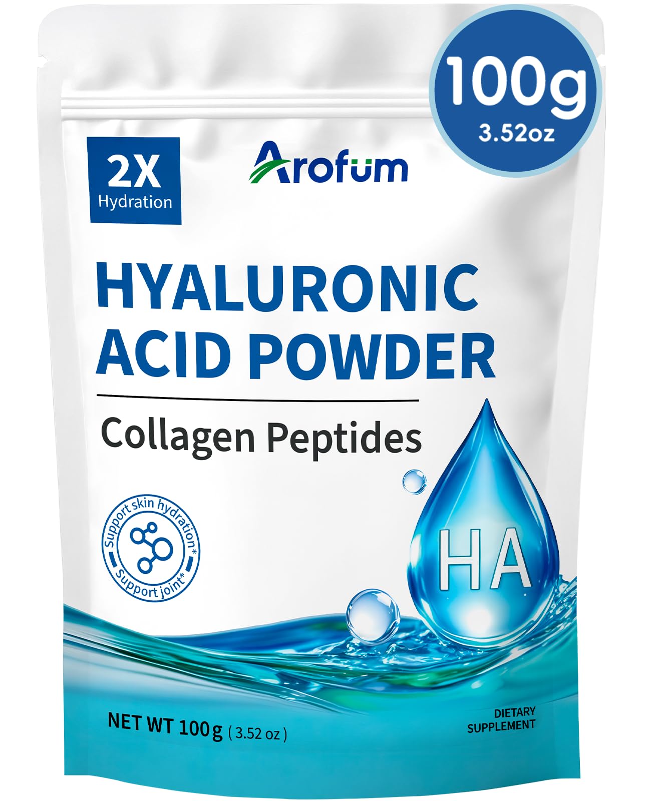 Arofum Hyaluronic Acid Powder bottle for convenient skincare hydration