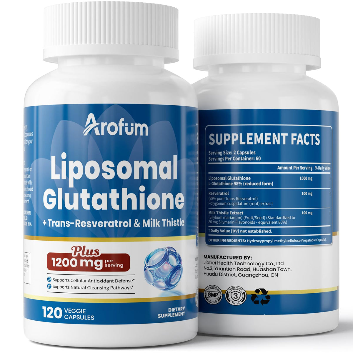 Arofum liposomal glutathione 1000mg bottle for high-absorption skin support.