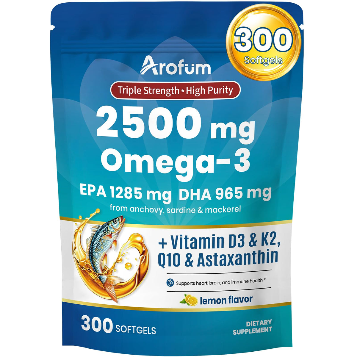 Arofum Omega-3 bottle with lemon softgels for daily heart and brain support.