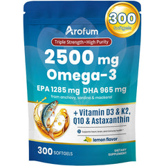 Arofum Omega-3 bottle with lemon softgels for daily heart and brain support.