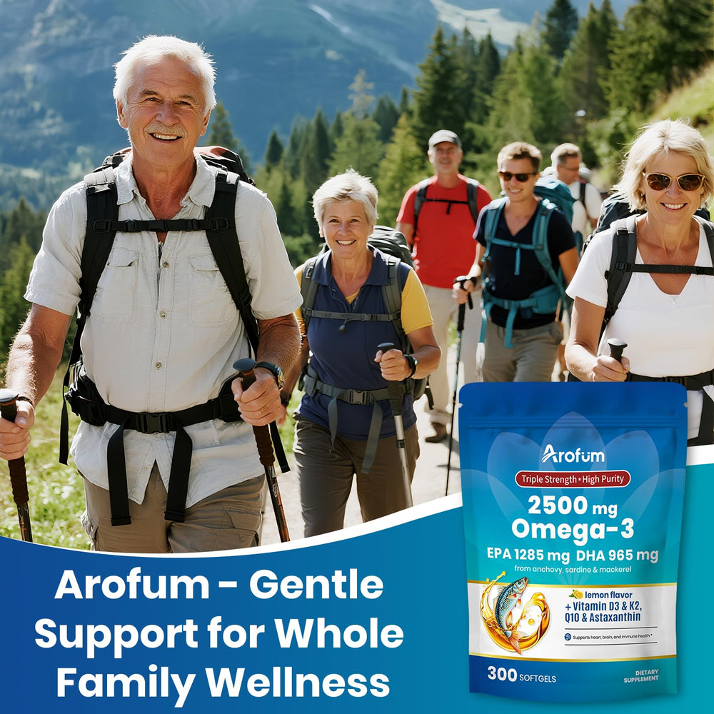 Arofum Omega-3 daily-use setup with lemon flavor illustration.
