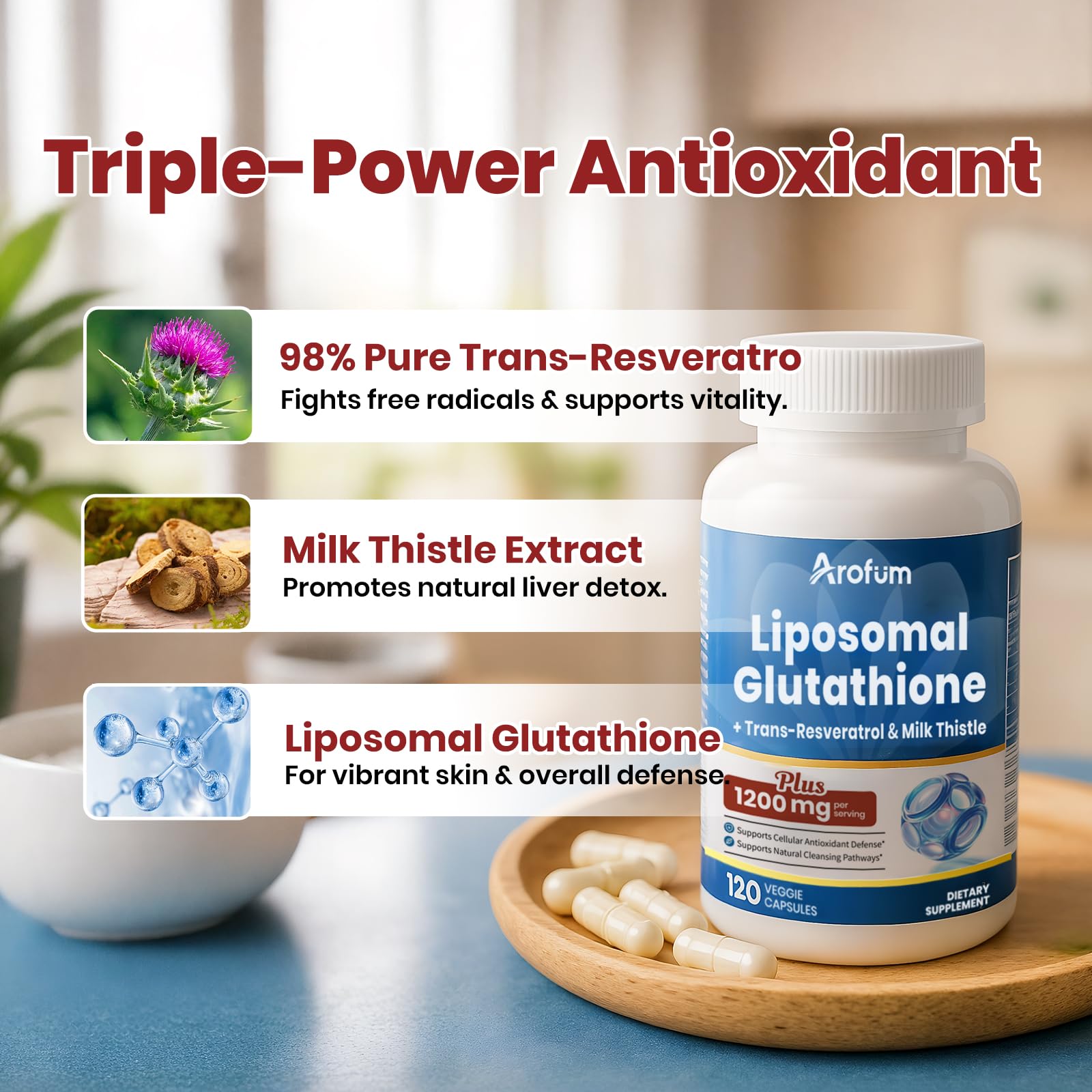 Arofum resveratrol ingredient label emphasizing antioxidant protection.