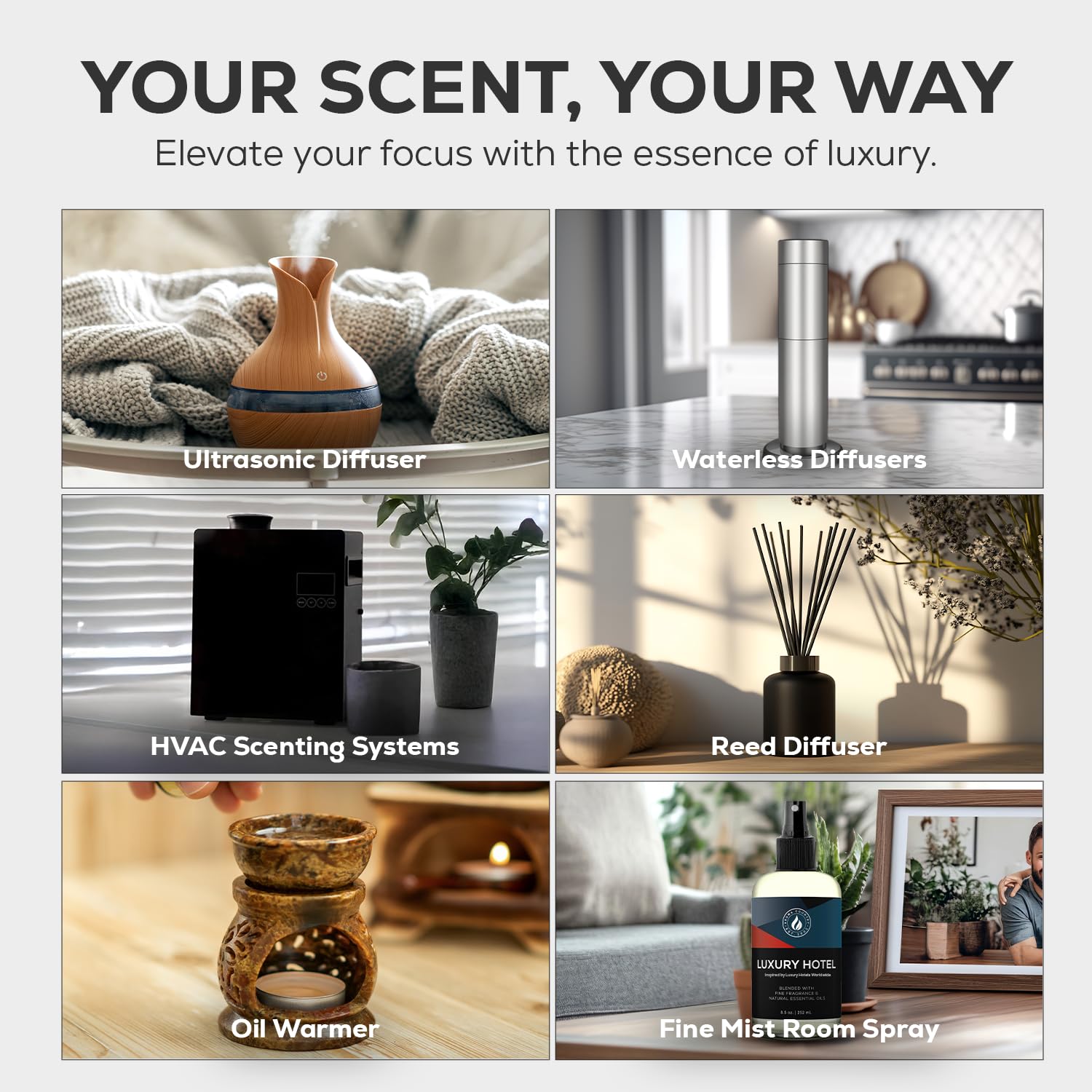 AROMA COUNTRY Ritzy bedroom diffuser creates serene nighttime mood.