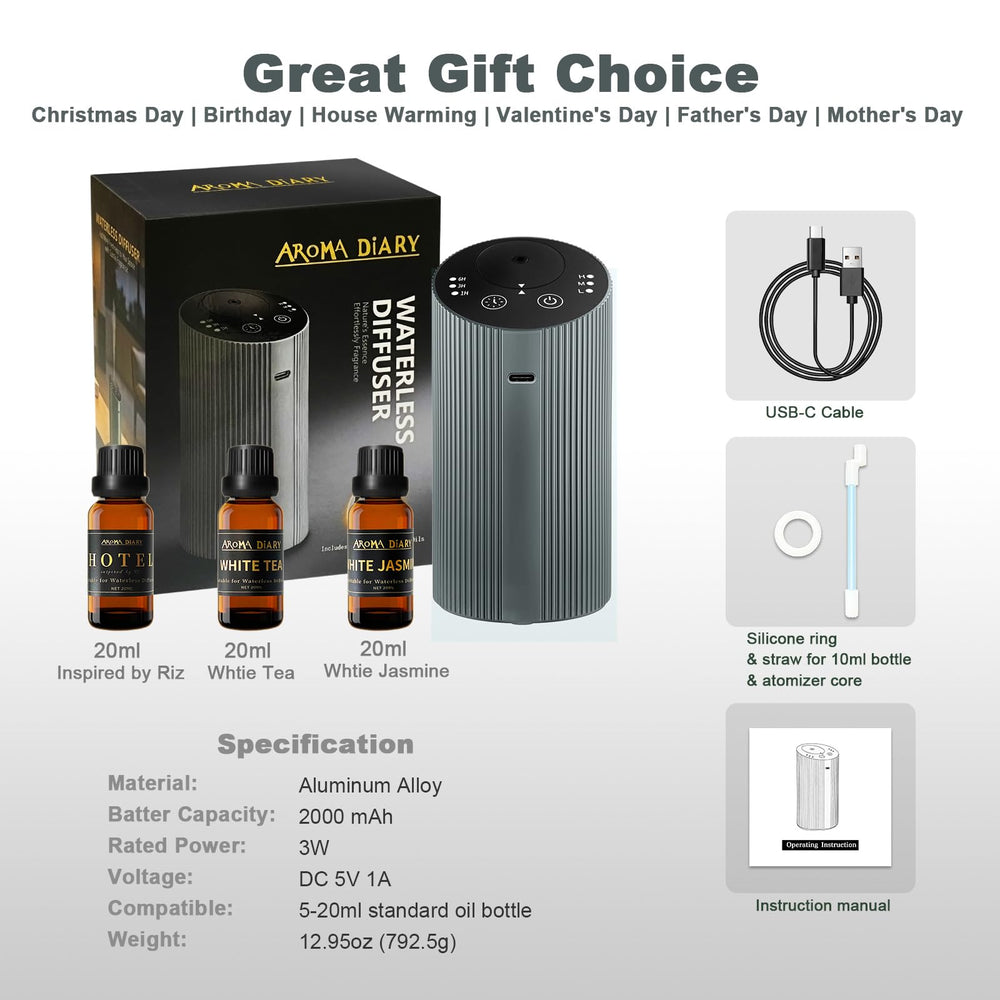 Aroma Diary sleek silver-grey aluminum body elevates décor and gifts.