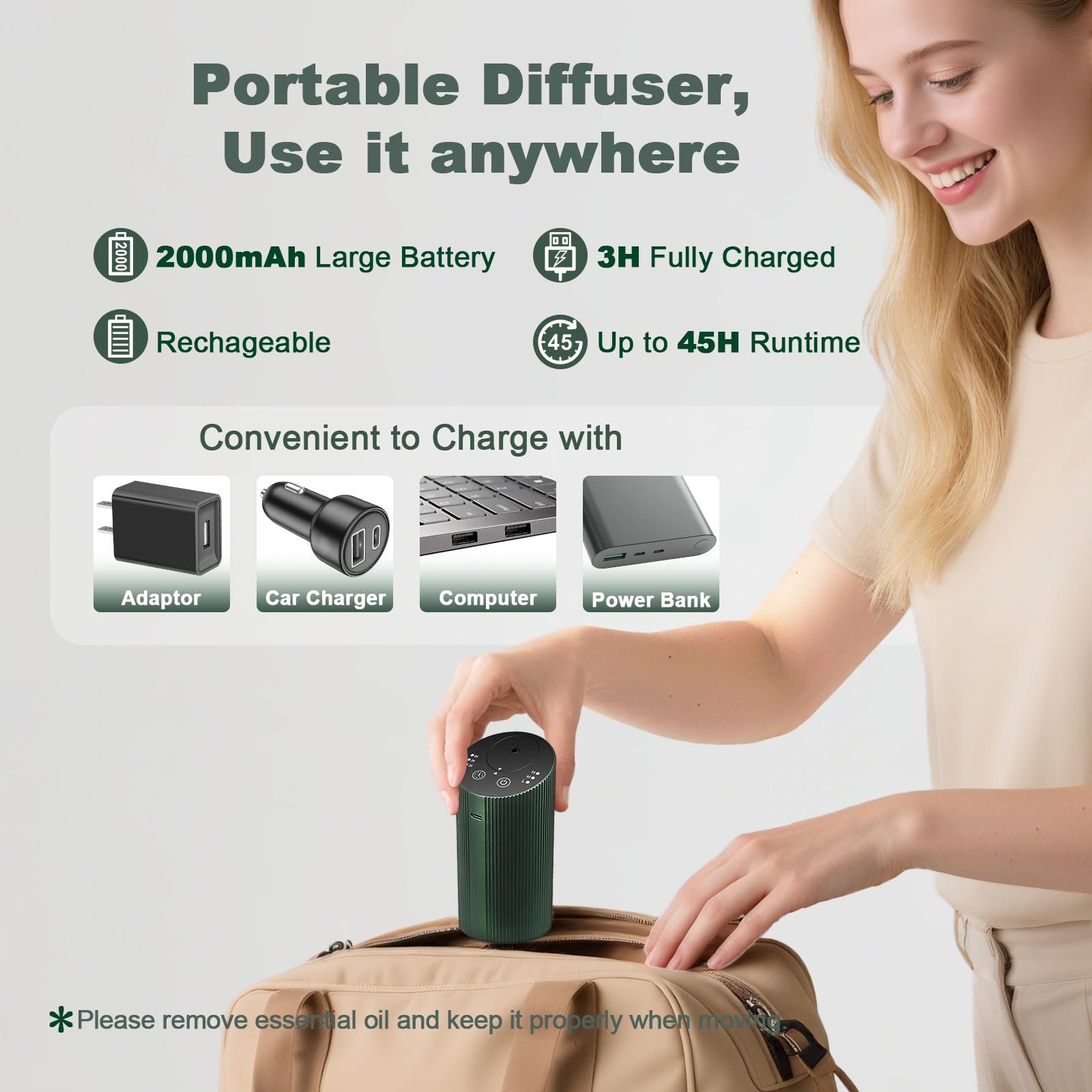 Aroma Diary battery compartment demonstrates cordless portability and long runtime