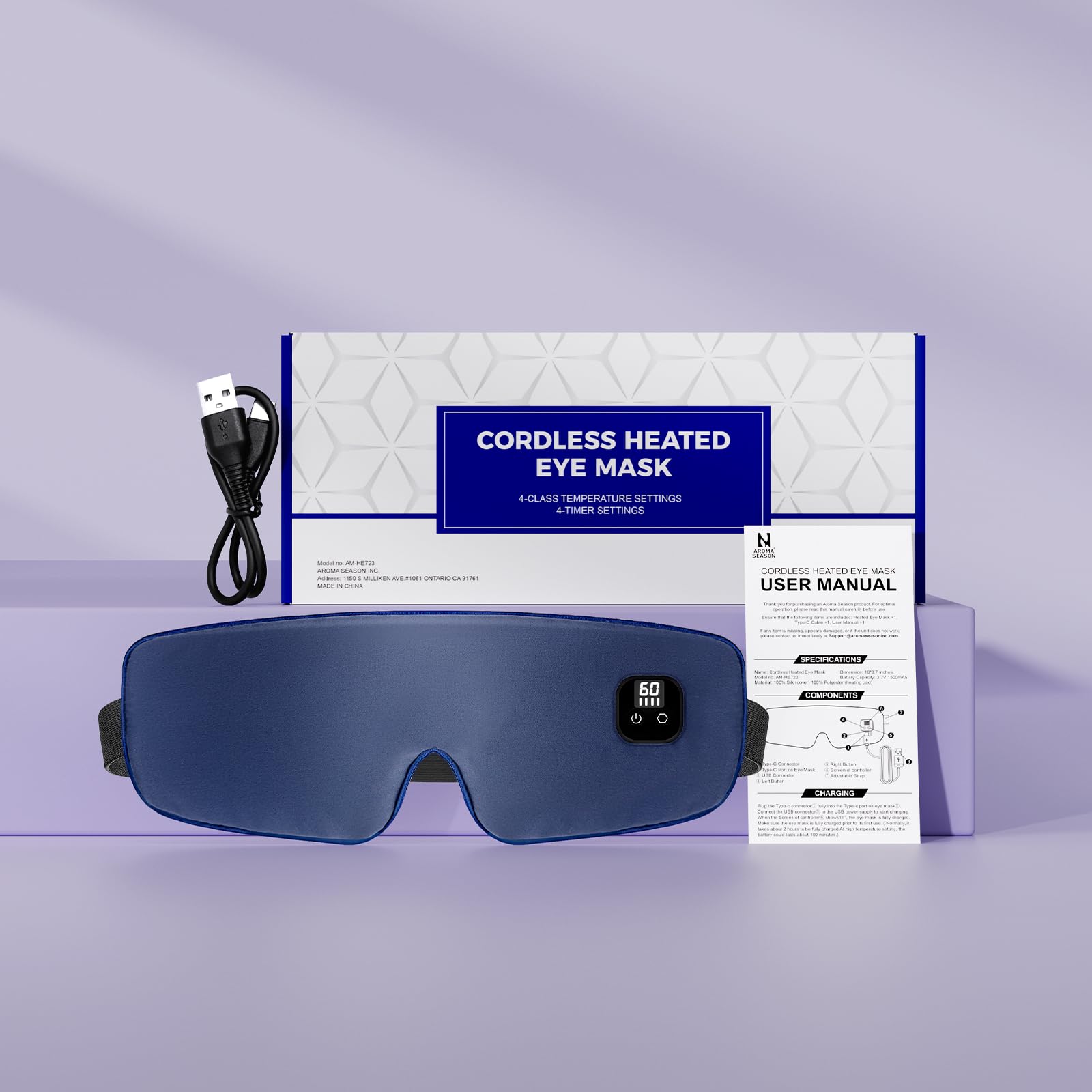 Aroma Season navy blue eye mask ready for home or travel use