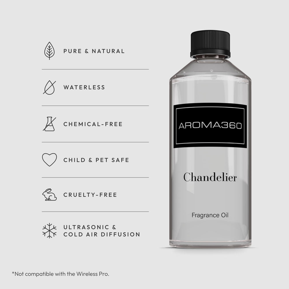 Aroma360 Chandelier fragrance oil label close-up showing premium bergamot-saffron blend.