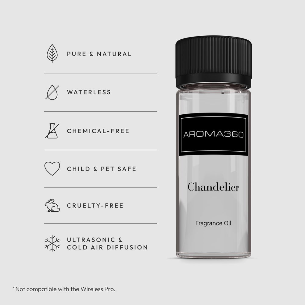 Aroma360 Chandelier bottle highlights sandalwood notes for warm, inviting spaces.