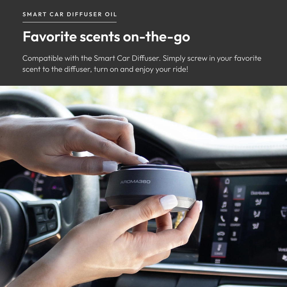 Aroma360 compact diffuser in-vehicle setup for easy aroma on the go.