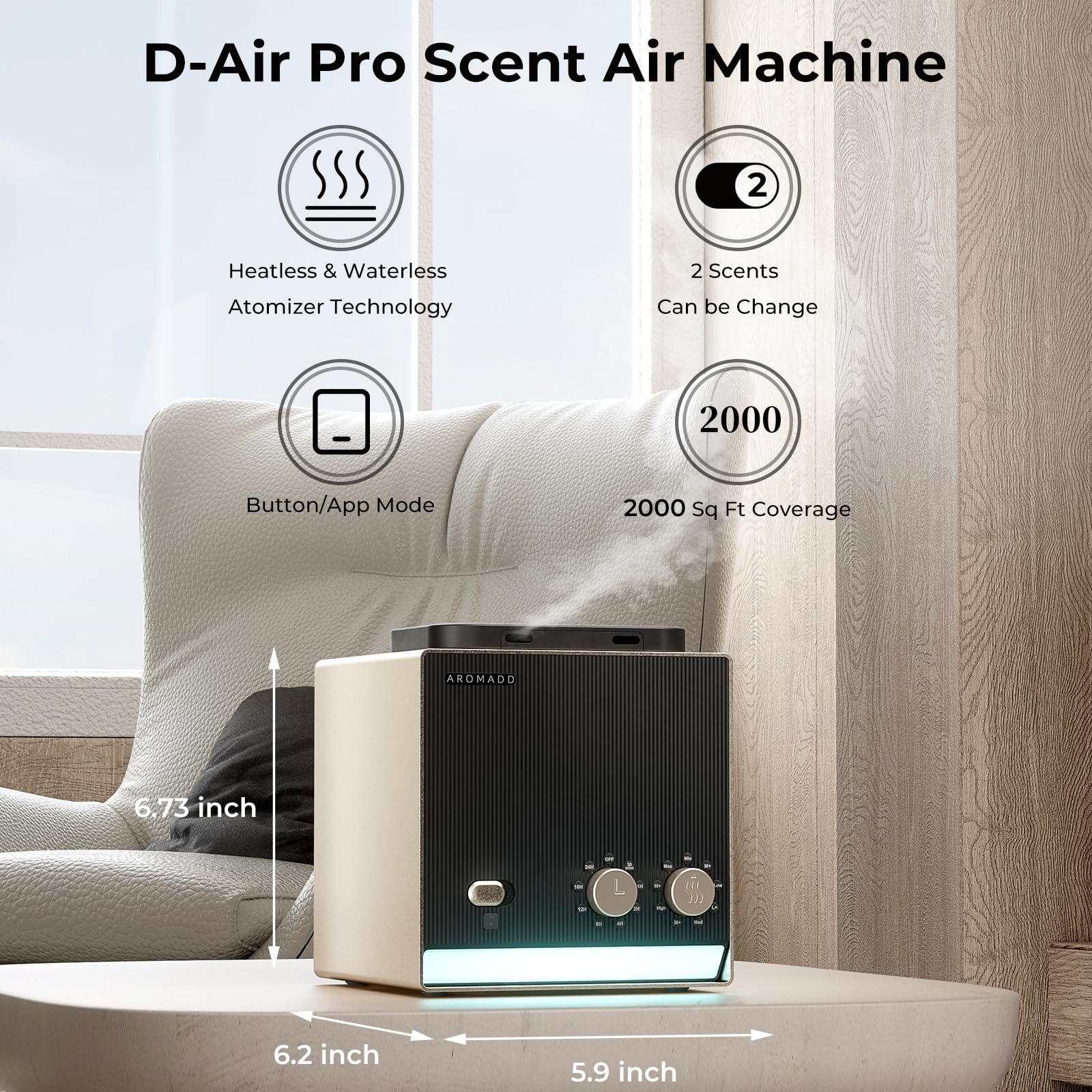 Aromadd app control screen for scheduling and remote fragrance management.