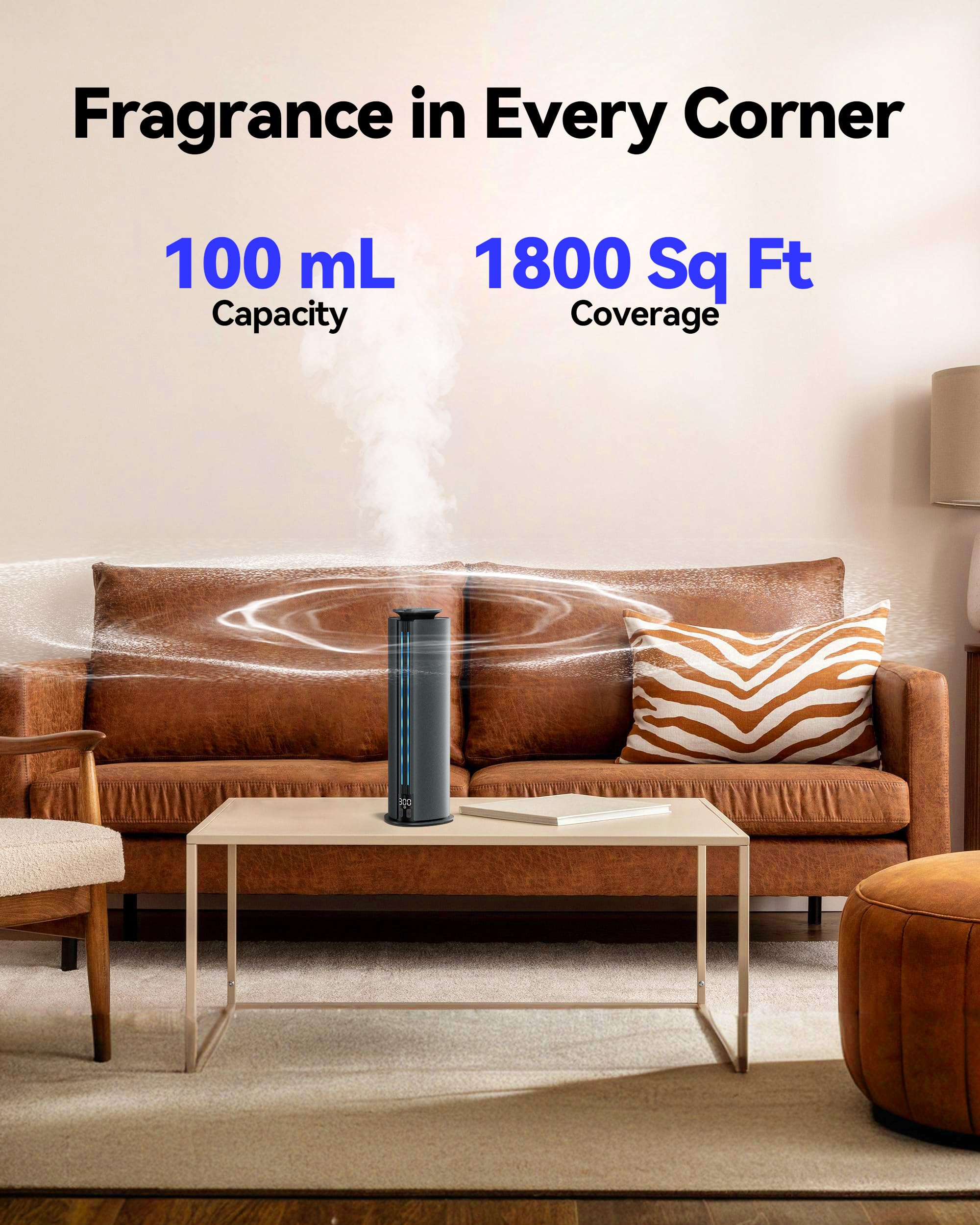 Aromadd diffuser covers up to 1,800 sq ft for wide-area scent reach.