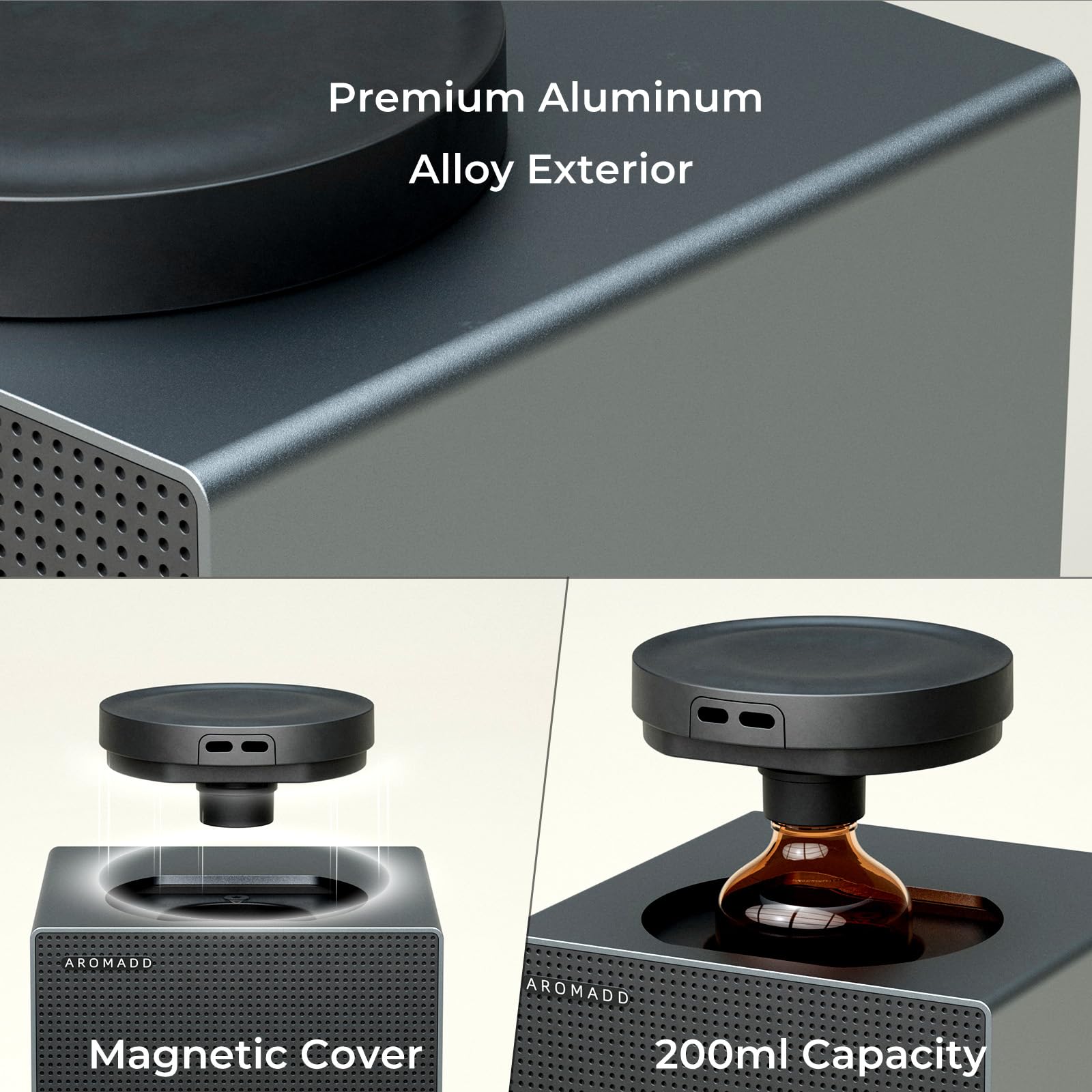 Magnetic nebulizer head on Aromadd diffuser allows easy access and refills